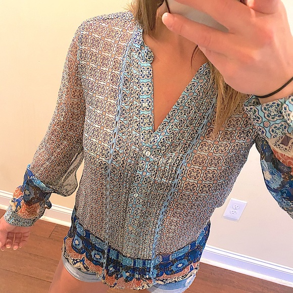 Lucky Brand Mixed Print Blue Multi Blouse Size XS - Picture 7 of 11